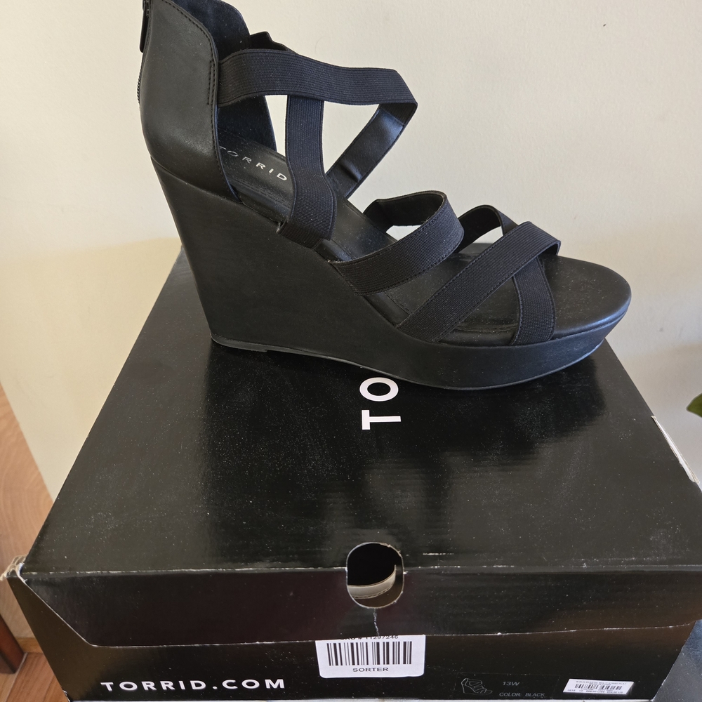 Torrid Black Elastic Strappy Wedge Sandals 13W